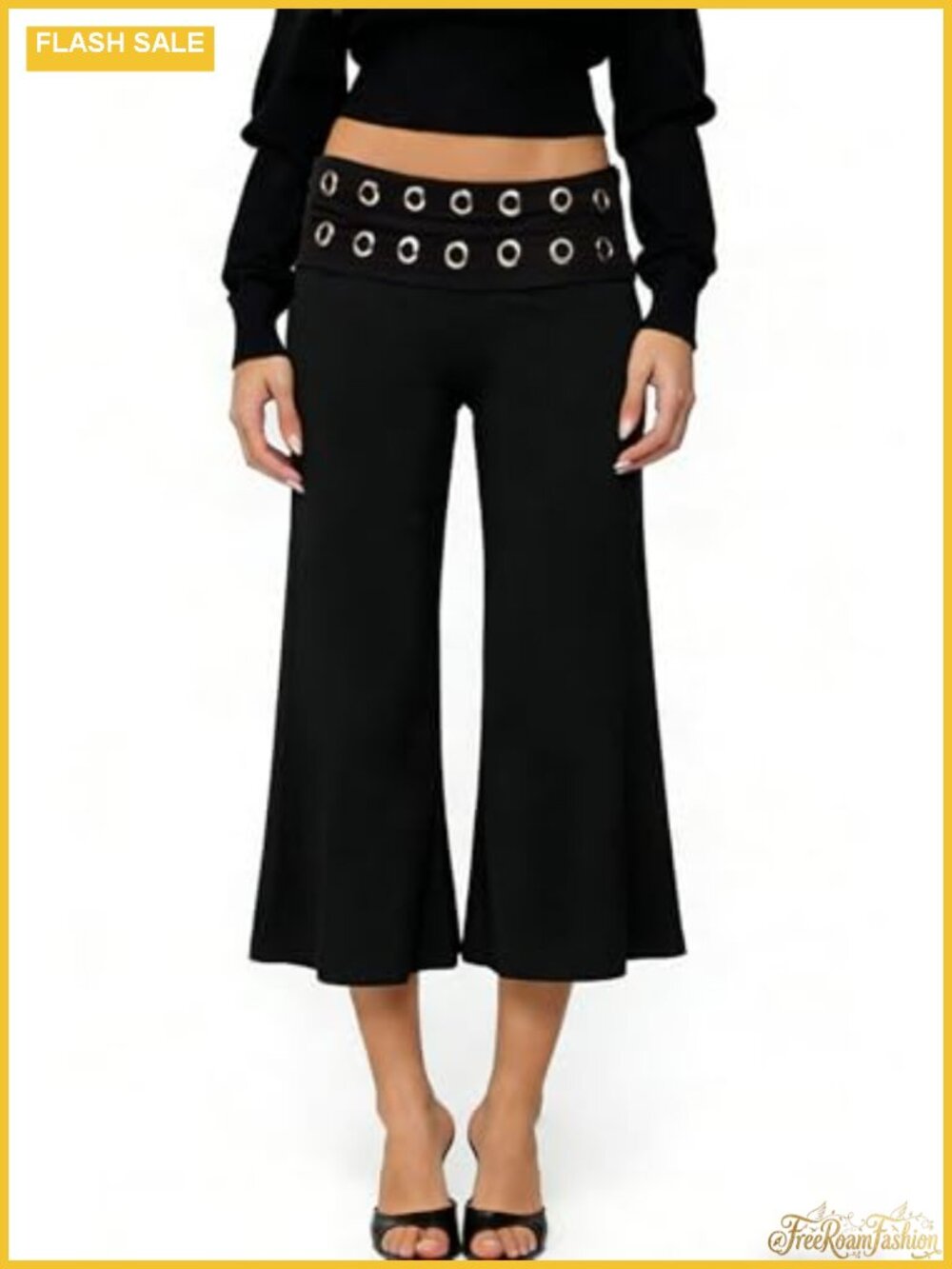 Women's Fold Over Gaucho Capris Flowy Wide Leg Cropped Yoga Pants